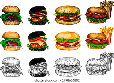 Vector illustrations in sketch style with detailed drawing of fast food, rolls and other food. High-quality detailed drawing of all elements.