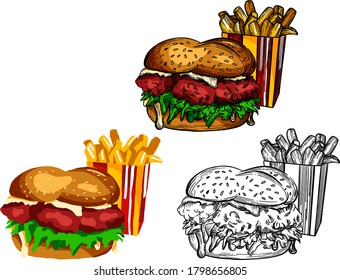 Vector illustrations in sketch style with detailed drawing of fast food, rolls and other food. High-quality detailed drawing of all elements.