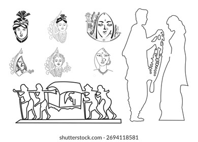 Vector illustrations and sketches of people, including fashion silhouettes of women and children dancing