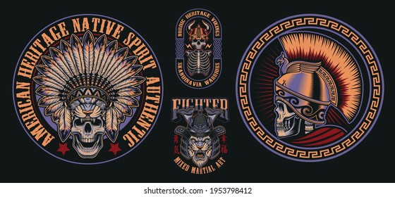 Vector illustrations with skulls warriors such us; spartan, samurai viking and others on a dark background. Perfect for shirt prints, logos and many other.