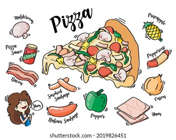 Vector illustrations of a slice of pizza and ingredients