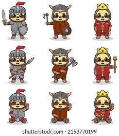 Vector illustrations of Sloth characters in various medieval outfits. King, viking and knight costume. Vector illustration bundle