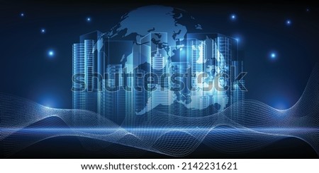 Vector illustrations of smart city digital strategy and technology help cities to establish liveable.Futuristic technology concepts.