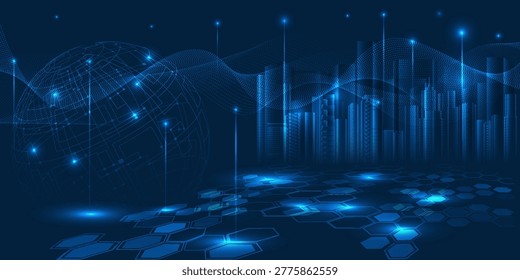 Vector illustrations of smart city with futuristic building and rising glow particles.Smart technology and living concepts.