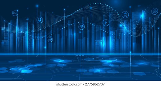 Vector illustrations of smart city with futuristic building and mesh waveform and digital circuit board perspective floor.