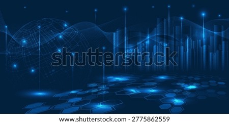 Vector illustrations of smart city with futuristic building and rising glow particles.Smart technology and living concepts.