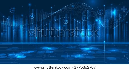 Vector illustrations of smart city with futuristic building and mesh waveform and digital circuit board perspective floor.