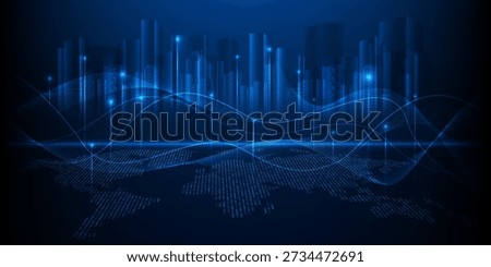 Vector illustrations of smart city with network communications on world map.
