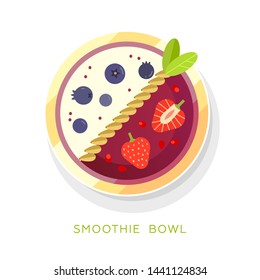 Vector illustrations smoothie bowl. Useful organic food for vegan and vegetarian. Healthy berry breakfast. Tasty beverage for diet. White isolated, flat design, minimal trendy style.