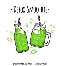 Vector illustrations smoothie or fresh juice with drinking straws. Collection of hand drawn cups, mugs and glasses with healthy summer cocktails. Detox Smoothie.