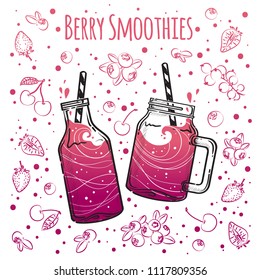 Vector illustrations smoothie or fresh pressed juice with drinking straws. Healthy summer cocktails in jars. Berry smoothies with strawberry, cherry, black and red currant, blueberry.