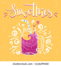 Vector illustrations smoothie or fresh pressed juice with drinking straws. Healthy summer cocktails in jars with hand drawn lettering text. Orange and violet colors