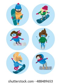 Vector illustrations of snowboarders novice to professional level and skier