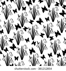 Vector illustrations of snowdrops spring flower and butterflies pattern seamless isolated