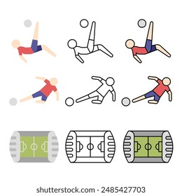 Vector illustrations of soccer players performing bicycle kicks and sliding tackles with soccer field icons