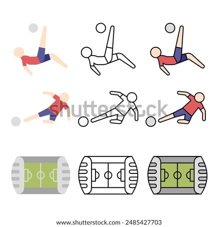 Vector illustrations of soccer players performing bicycle kicks and sliding tackles with soccer field icons