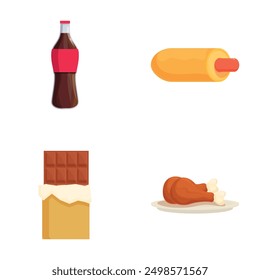 Vector illustrations of a soda bottle, hot dog, chocolate bar, and chicken leg on a white background