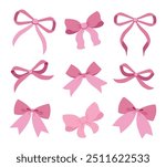 Vector Illustrations of soft pink vintage bow set. Bow for girly hair decor, flat icons. Ribbons isolated. Trendy girls accessories. Cute hairstyle elements collection