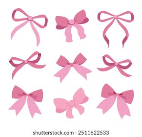 Vector Illustrations of soft pink vintage bow set. Bow for girly hair decor, flat icons. Ribbons isolated. Trendy girls accessories. Cute hairstyle elements collection