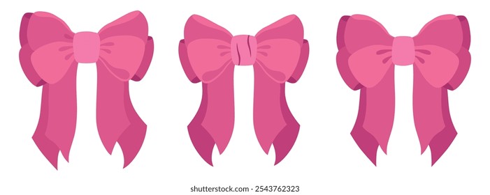 Ilustraciones vectoriales de conjunto de arco vintage rosa suave. Arco para la decoración del pelo femenino, iconos planos. Cintas aisladas. Accesorios de moda para niñas. Elementos lindos del peinado colección. lazo rosado dibujado a mano simple de la cinta