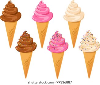 Vector illustrations of soft serve ice cream cones.