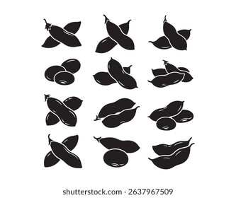 Vector illustrations of soybeans in silhouette form, set against a white background.