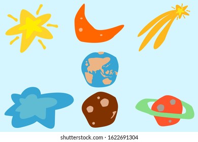 vector illustrations of space icon set,stars,moon,planet,earth,cloud,comet / meteor in 2D,children cartoon style