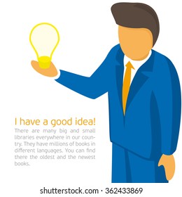 Vector illustrations with space for text - businessman tells a brilliant idea. Male businessman discusses his idea.