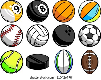 Vector Illustrations of Sport Balls - Baseball, Basketball, tennis, rugby and Billiards