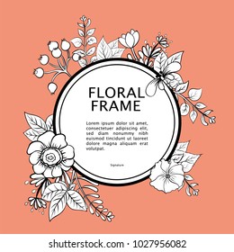 Vector illustrations with spring elements. Frame of garden flowers. Vector circle frame, black and white wreath of flowers. Vintage elegant wedding invitation. Plants and herbs