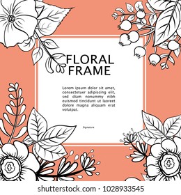 Vector illustrations with spring elements. Frame of garden flowers. Vector square frame, black and white wreath of flowers. Vintage elegant wedding invitation. Plants and herbs