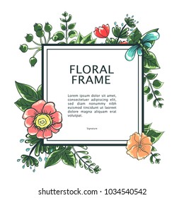 Vector illustrations with spring elements. Frame of garden flowers. Vector square frame, Green and pink wreath of flowers. Vintage elegant wedding invitation. Plants and herbs