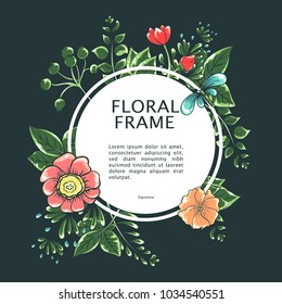 Vector illustrations with spring elements. Frame of garden flowers. Vector round frame, Green and pink wreath of flowers. Vintage elegant wedding invitation. Plants and herbs