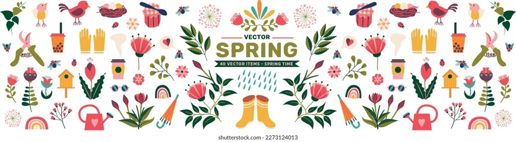 Vector illustrations of spring items. floral ornaments set design elements. flowers, birds and beetle. Illustrations isolated on a white background.