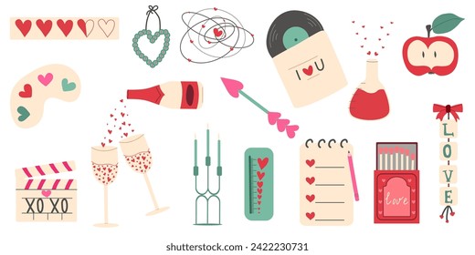 Vector illustrations for St. Valentine's Day, stickers, greeting cards. Set of romantic elements. Candles, glasses, notebook, apple.