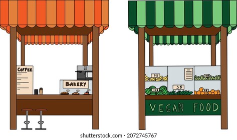 Vector illustrations stall markets with vegetables and coffee. Street shop collection. Commercial kiosk.
