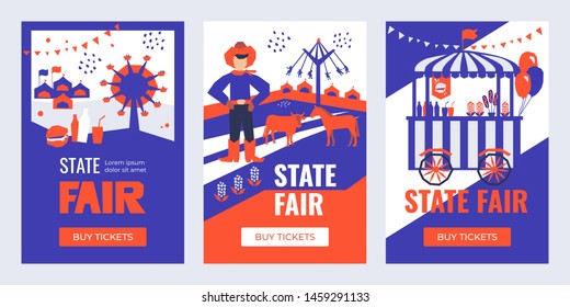 Vector illustrations of State Fair. Set of Banners with Buy Tickets button. Food market, car, ferris wheel, farm animals, farmer, country fair. Design template for invitation, advertisement, web site.