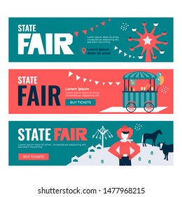 Vector illustrations of State Fair. Set of Banners with Buy Tickets button. Food market, car, ferris wheel, farm animals, farmer, country fair. Design template for invitation, advertisement, web site.