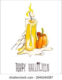 Vector illustrations, stickers from the Halloween set. A bat, a cat in a witch's hat, a ghost, pumpkins and candles.
