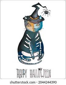 Vector illustrations, stickers from the Halloween set. A bat, a cat in a witch's hat, a ghost, pumpkins and candles.
