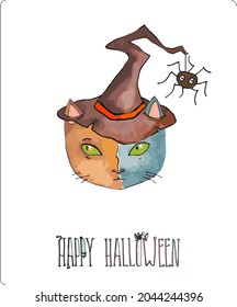Vector illustrations, stickers from the Halloween set. A bat, a cat in a witch's hat, a ghost, pumpkins and candles.