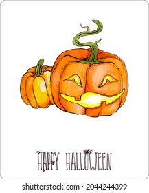 Vector illustrations, stickers from the Halloween set. A bat, a cat in a witch's hat, a ghost, pumpkins and candles.