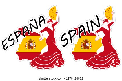 Vector illustrations of stickers of lettering word Spain or Espana (Spanish language) with flamenco dancer and map