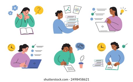 Vector illustrations of students taking tests on computers and writing exams in classrooms. Education compositions, study concept, flat cartoon characters in academic assessments, doodle icons for sch