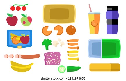 Vector illustrations stylish lunch box set. Drink glass, bottle, food, orange slice, apples, cherries, bananas, broccoli, carrot, cabbage, sausages icons isolated on white background