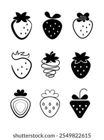 Ilustrações vetoriais de morangos pretos e brancos estilizados