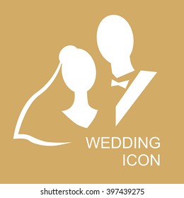 Vector illustrations of stylized image of bride and groom. Wedding icon on gold background