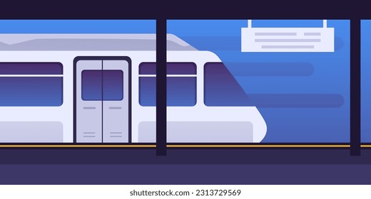 Ilustraciones vectoriales del tren subterráneo que llega a la plataforma del metro, tren del metro con puertas automáticas. Transporte subterráneo de alta velocidad que sale del túnel al metro. Transporte público, tren para