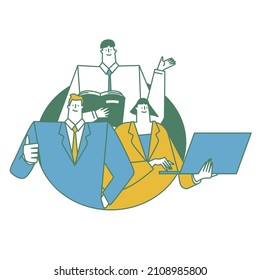 Vector illustrations of a successful man in a suit, a man with a book, and a woman manipulating a notebook.