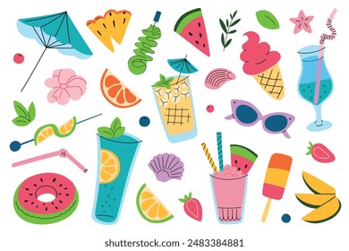 Vector illustrations of summer icons and accessories, cartoon collection with flat doodles of tropical fruits, drinks, sunglasses and umbrellas. Colorful beach set, vacation in tropical theme